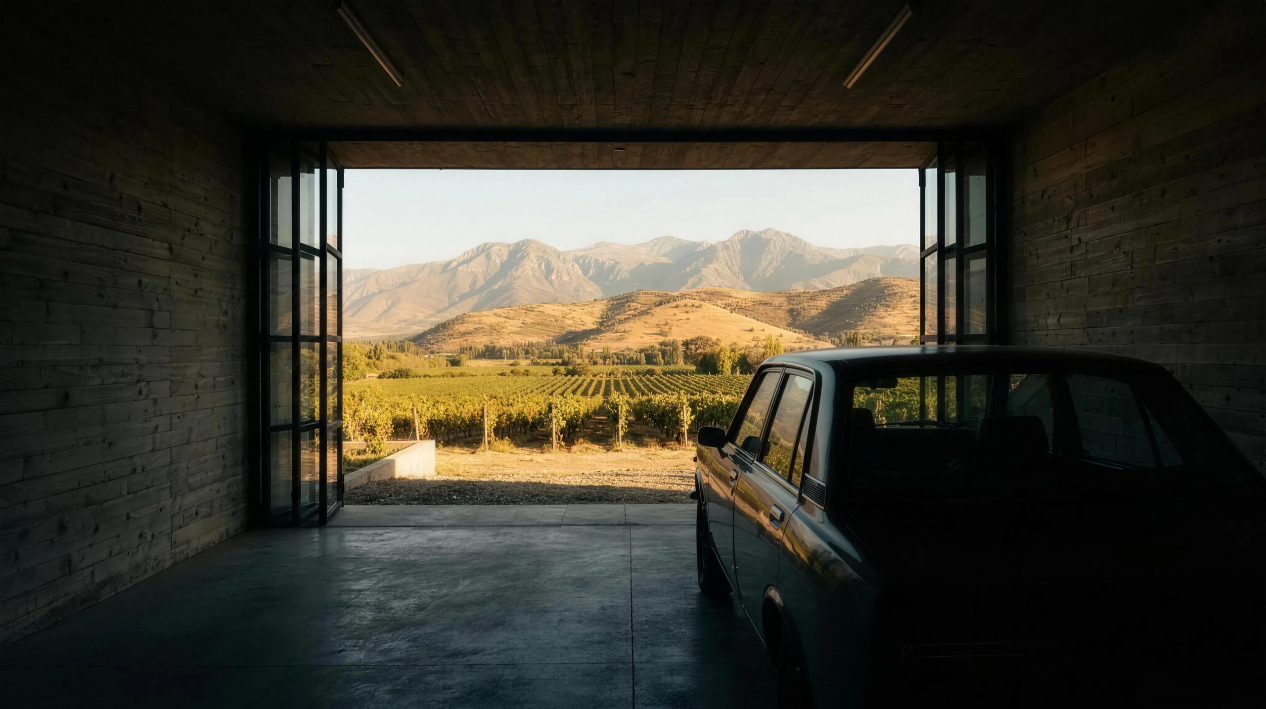 Vano abierto del recinto enmarcando el paisaje al atardecer
